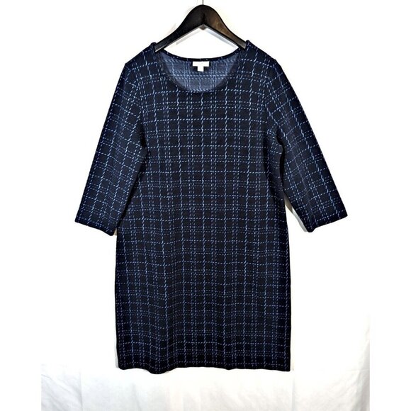 J Jill Boxy Fit Size M Navy Grid Pattern Knit Dress Shift Preppy Stretch Midi - Picture 1 of 8